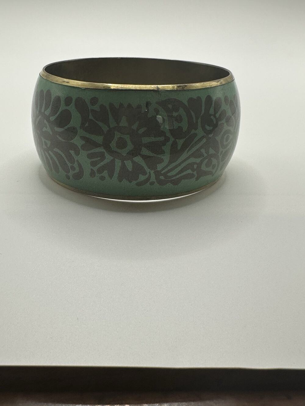 Vintage Floral Green Enamel Brass Bangle Bracelet Size 8